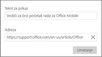Snima zaslona s prikazom dijaloškog okvira za dodavanje veze hiperteksta u programu OneNote za Windows 10.