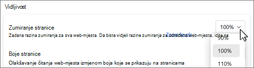 Snimka padajućeg izbornika razina zumiranja stranice.