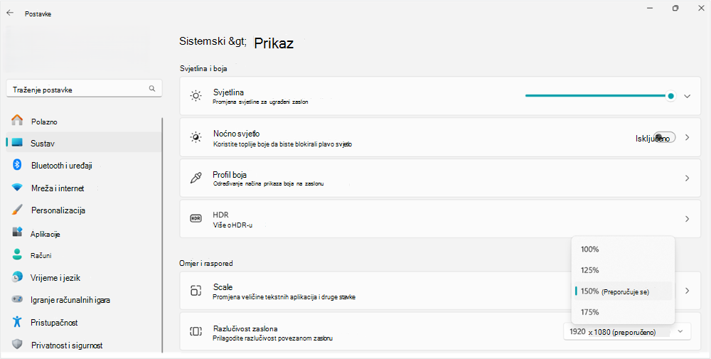 Snimka zaslona s promjenom veličine mogućnosti skaliranja u sustavu Windows 11