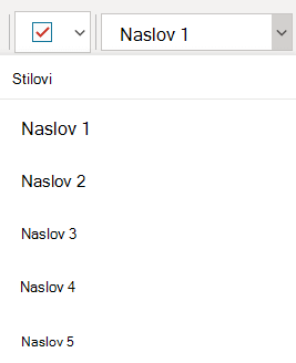 Izbornik Stilovi koji prikazuje različite stilove naslova u programu OneNote za Windows 10.