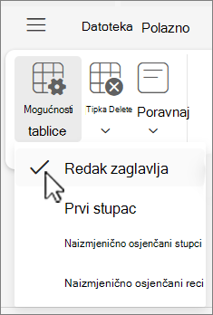 Izbornik Mogućnosti tablice koji pokazuje mogućnost Redak zaglavlja odabranu u programu Outlook na webu.