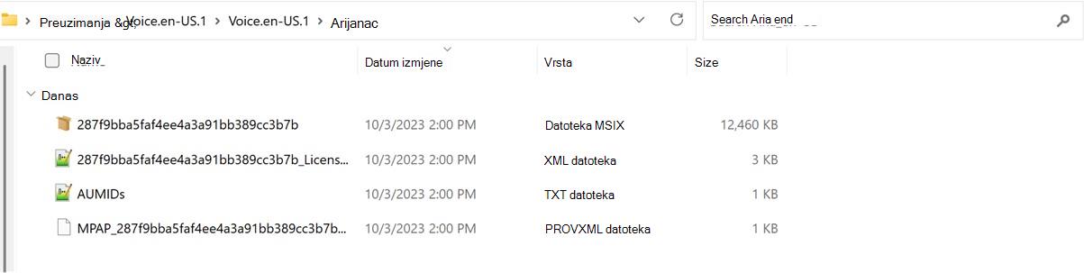 Snimka zaslona izdvojene mape glasovnog paketa.