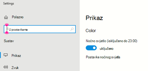 Mogućnost noćnog svjetla sustava Windows odabrana u postavkama zaslona.