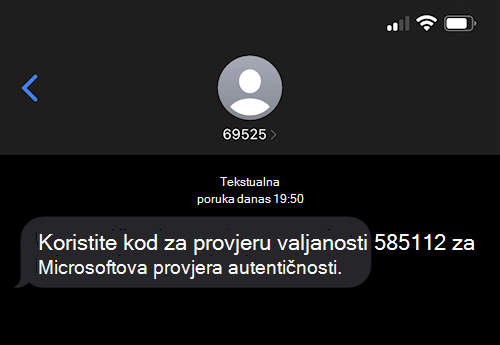 Snimka zaslona koja prikazuje Microsoftovu SMS poruku pod brojem 69525