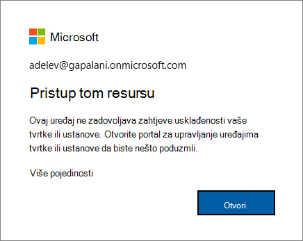 Poruka o pogrešci koja se prikazuje kada se prijavite u preglednik Edge.
