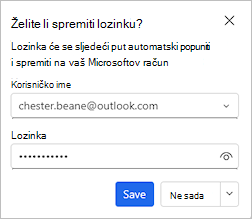 Snimka zaslona s prikazom dijaloškog okvira s ponudom spremanja lozinke