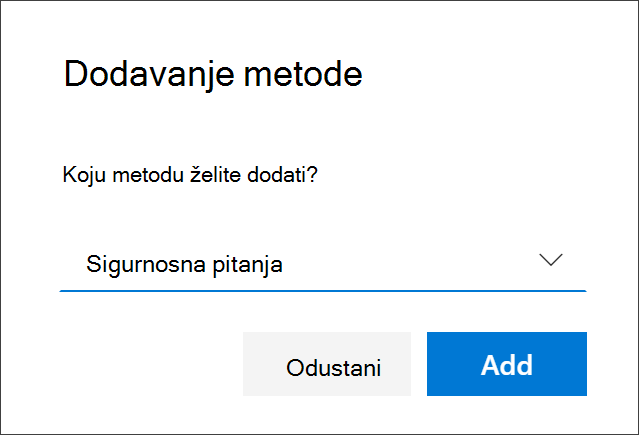 Okvir za dodavanje načina s odabranim sigurnosnim pitanjima