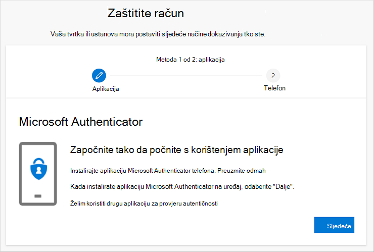 Čarobnjak za zaštitu računa s prikazom stranice za preuzimanje aplikacije Authenticator