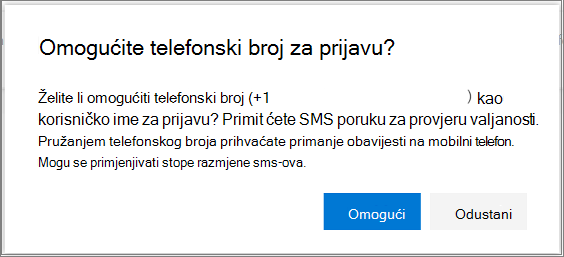 Dijaloški okvir za potvrdu omogućivanja prijave putem SMS-a za telefonski broj