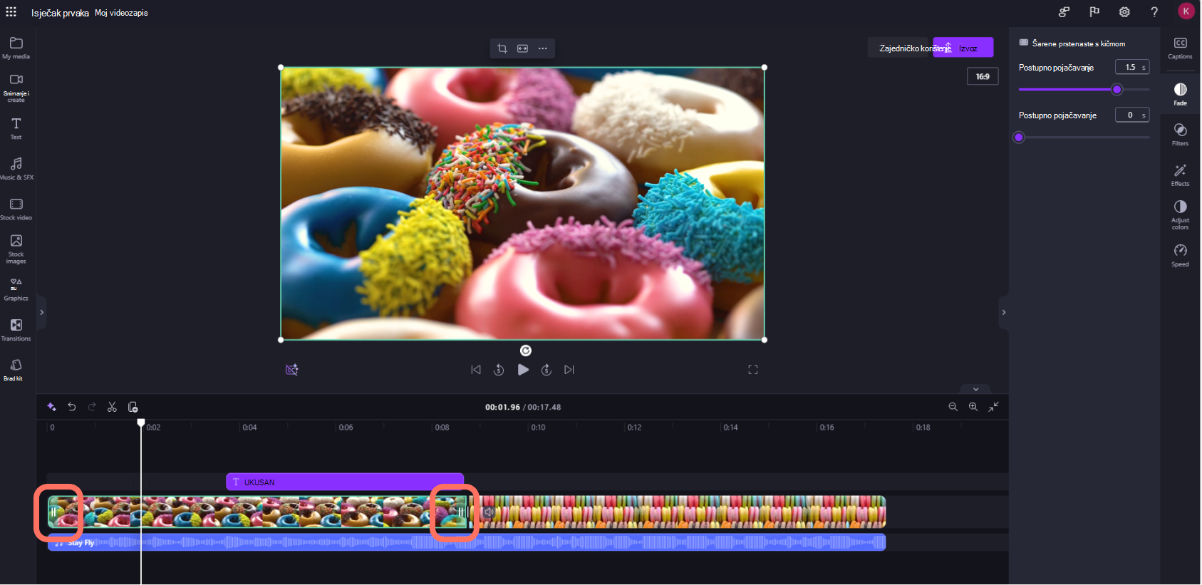Snimka zaslona korisnika računa tvrtke Clipchamp za tvrtke koji mijenja duljinu videoisječka na vremenskoj crti.