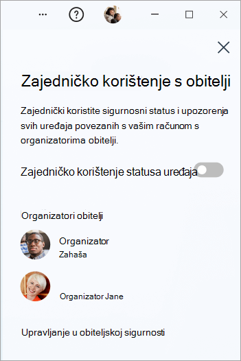 Ploča za dijeljenje s obitelji u programu Microsoft Defender u sustavu Windows.