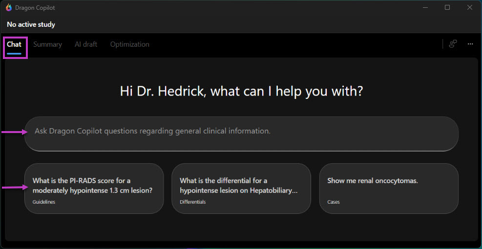 Screenshot shows Chat feature highlighted in Dragon Copilot with highlights for query box for typed questions and question prompts.
