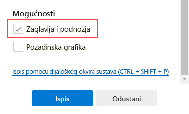 Odabir zaglavlja i podnožja