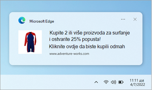 Primjer obavijesti web-mjesta u centru za obavijesti.