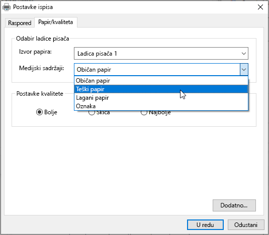 Postavke dijaloškog okvira Ispis sustava Windows