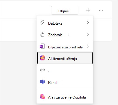 Snimka zaslona mogućnosti Aktivnosti učenja na izborniku modula Nastava.