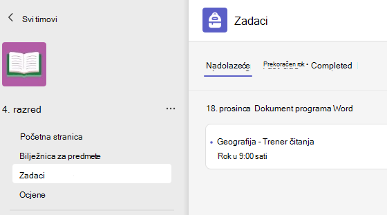 Snimka zaslona koja prikazuje zadatke