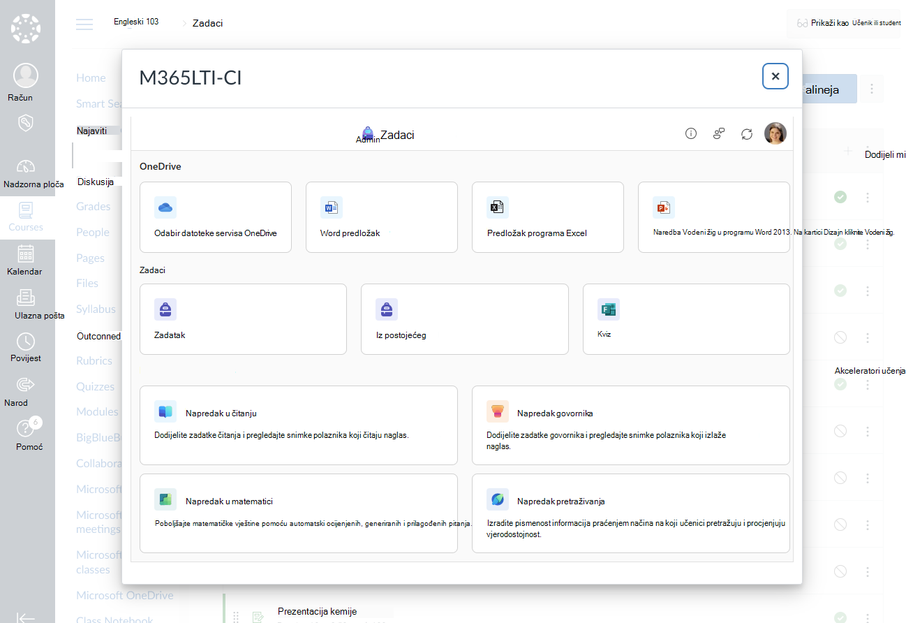 Odaberite Microsoft Education koji ćete stvoriti za zadatak ili modul