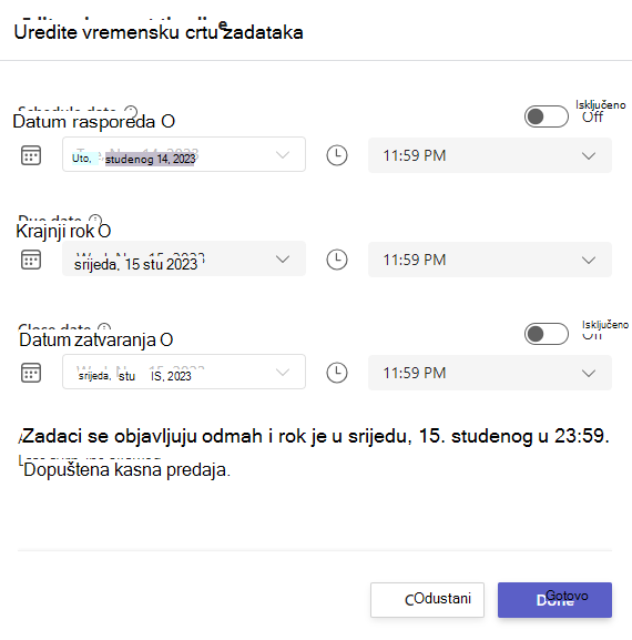 Snimka zaslona uređivanja vremenske trake zadatka.