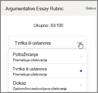 Odaberite odjeljak u zadatku učenika za ocjenjivanje