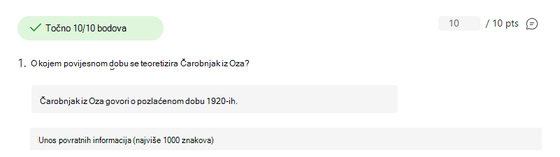 Snimka zaslona s točno odgovorenim pitanjem.