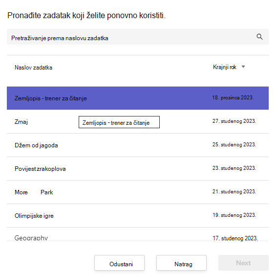 Snimka zaslona pronalaženja zadatka za ponovno korištenje.
