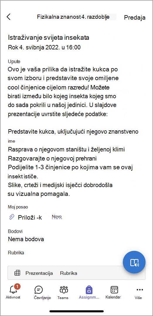 Snimka zaslona onoga što učenici vide kada predaju zadatak u aplikaciji Microsoft Mobile Teams.