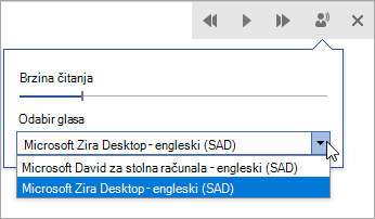 Snimka zaslona na kojoj se prikazuje odabir glasa za čitanje.
