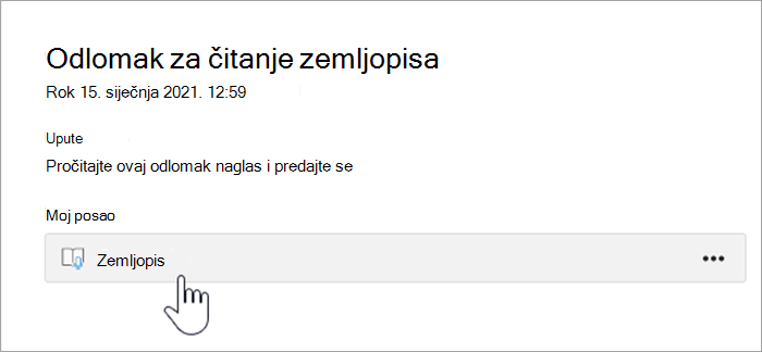 Snimka zaslona iskustva polaznika. tekst glasi Odlomak za čitanje geografije, rok 15. siječnja 2021. u 12:59, upute: molim vas pročitajte ovaj odlomak naglas i uključite, moj rad, gumb na kojem piše geografija.