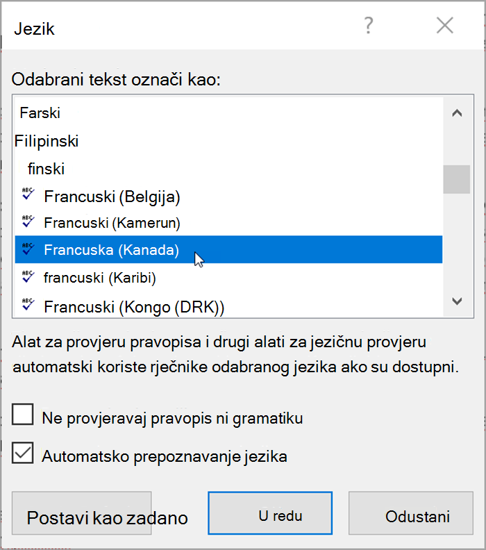 Snimka zaslona iz programa Word. U skočnom prozoru prikazuju se jezici koje je moguće odabrati. Potvrđena je mogućnost Automatski prepoznaj jezik.