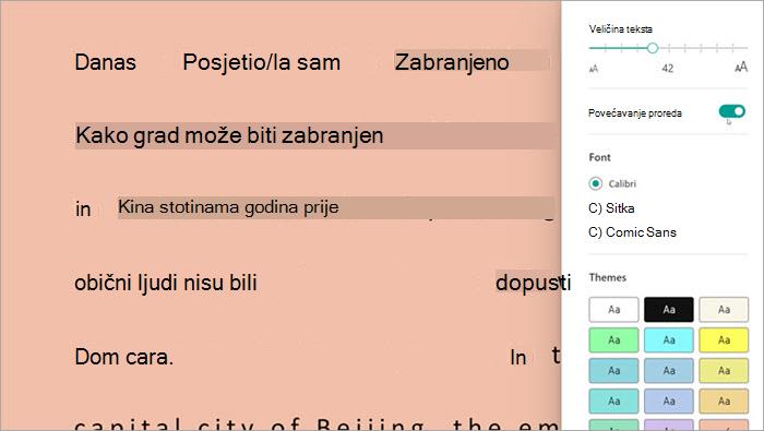 Snimka zaslona stopljenog čitača u tijeku čitanja. Prikazuju se mogućnosti, uključujući veličinu teksta, prored i boju pozadine