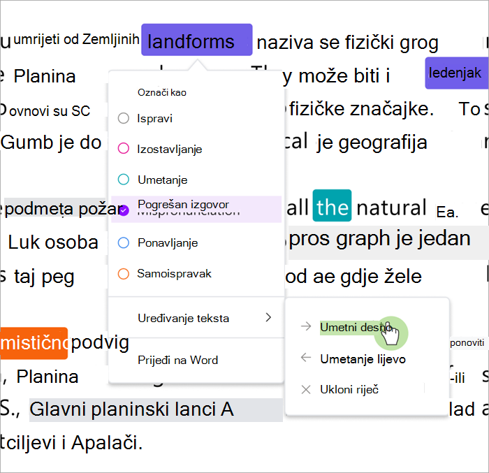 Snimka zaslona okna pregleda napretka u čitanju koja pokazuje kako umetnuti riječi zdesna ili lijevo od odabrane riječi