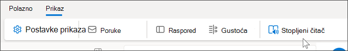 Snimka zaslona vrha web-aplikacije Outlook Web na kojoj je odabrana kartica prikaz i pokazivač miša postavljen iznad stopljenog čitača