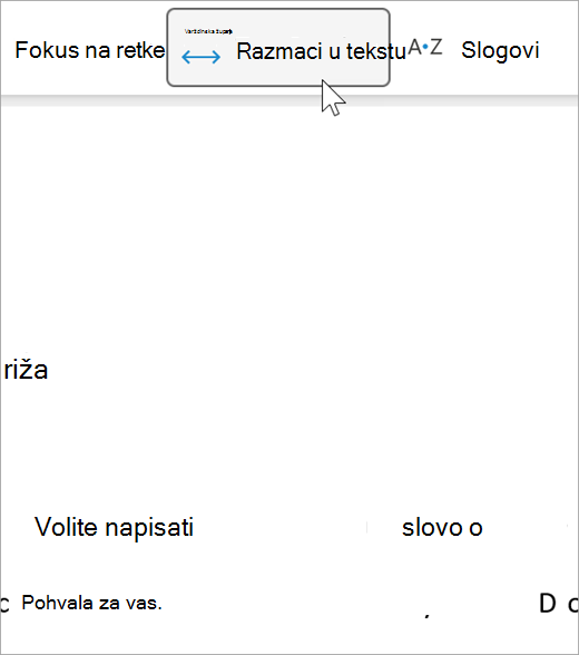 Snimka zaslona mogućnosti razmaka između teksta u stopljenom čitaču, postoji veći razmak između slova i između riječi