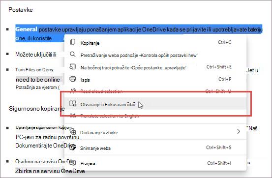 Putem kontekstnog izbornika otvorite Fokusirani čitač.