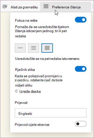 Postavke čitanja u Fokusirani čitač