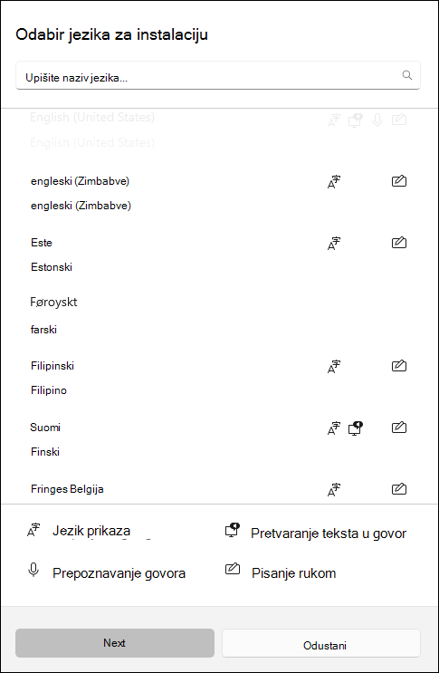 Snimka zaslona jezičnih paketa dostupnih za preuzimanje u postavkama sustava Windows 10.