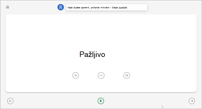 Full screen view of students reading Coach page. Pažljivo prikazana riječ s gumbima za reprodukciju riječi, rastezanje riječi ili prikaz slike ispod. Zeleni mikrofon nalazi se pri dnu stranice u sredini.