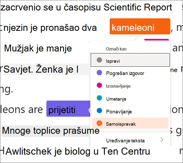 Tekst označen pogreškama, riječ kameleoni obavijena je crnim kvadratom što označava da se koriste tipkovni prečaci, a padajući izbornik prikazuje samoispravljanje koje je odabrano među dostupnim vrstama pogrešaka.