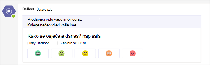Prijava koja se prikazuje na kanalu timova razreda. 5 tipki emotikona, od vrlo udobnih do vrlo neugodnih ispod pitanja o prijavi Kako se osjećate danas?