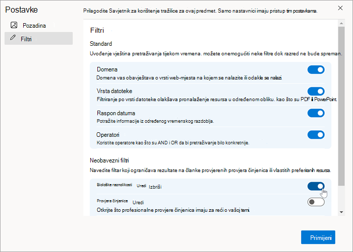 Snimka zaslona prilagođenog filtra koji se prikazuje u postavci filtara nakon stvaranja. Može se uključiti ili isključiti.