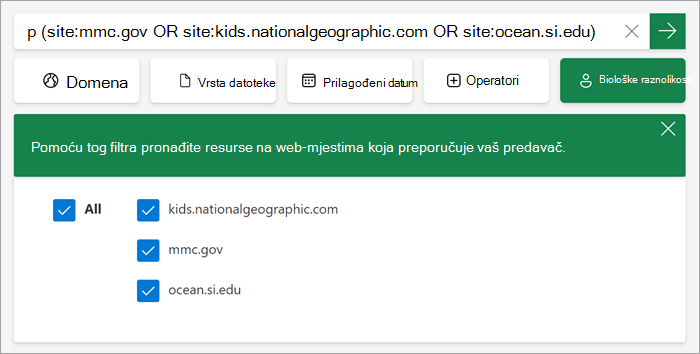 Snimka zaslona s prikazom načina na koji se prilagođeni filtar prikazuje učenicima kada je uključen.