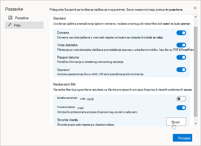 Snimka zaslona odjeljka filtara u postavkama s odabirom miša Stvori na stranici Stvori vlastito