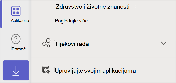 Snimka zaslona aplikacije Teams s prikazom gumba aplikacija koji otkriva gumb Upravljanje aplikacijama.