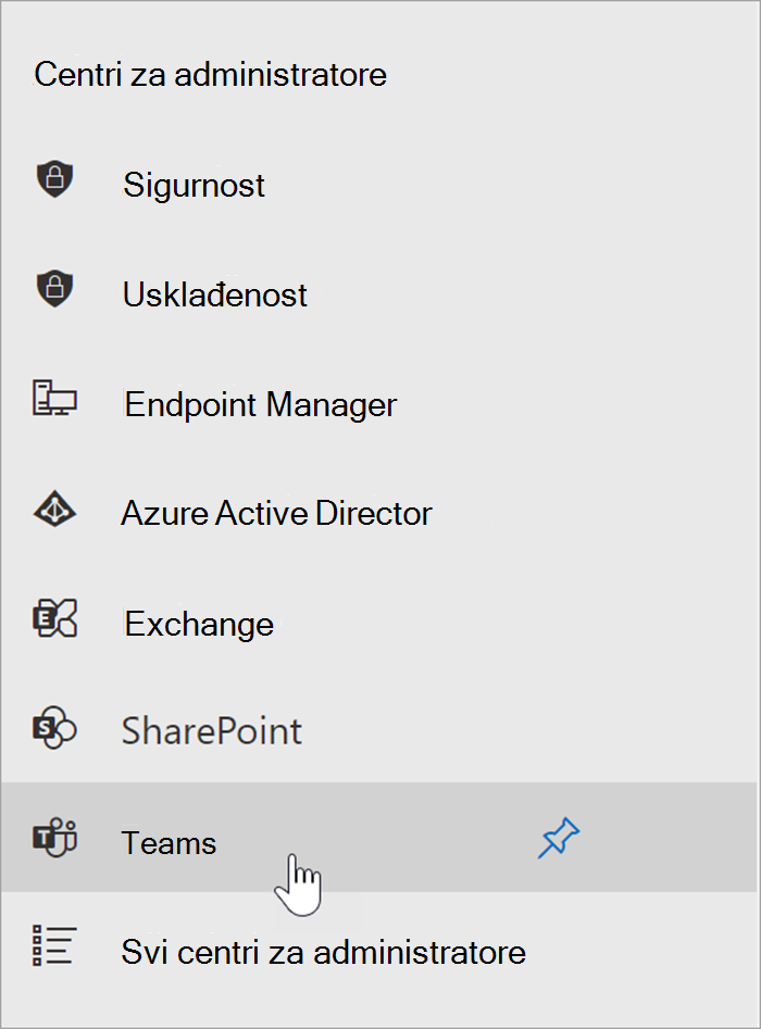 Snimka zaslona centra za administratore okruženja Microsoft 365 s pokazivačem postavljenim iznad ulazne točke centra za administratore aplikacije Teams.