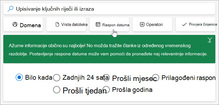 Snimka zaslona s mogućnostima raspona datuma, prošla 24 sata, prošli tjedan, prošli mjesec, prošla godina, prilagođeni raspon.