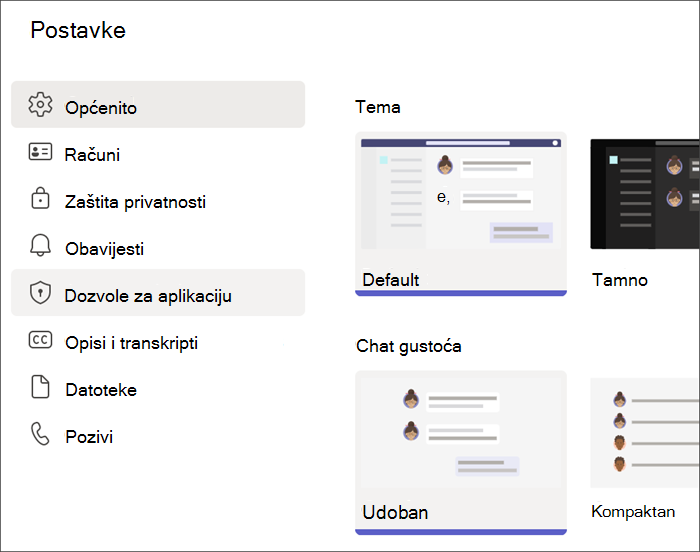 Snimka zaslona postavki aplikacije Teams s profila učenika. Istaknute su dozvole za aplikacije.