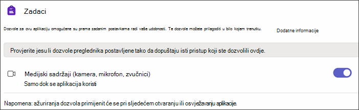 Snimka zaslona postavki aplikacije Teams nakon odabira Dozvole za aplikacije. Prikazuje se postavka Medijski sadržaji s uključenim prekidačem.