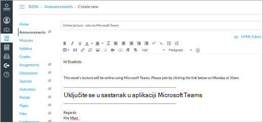 Veza na Microsoft Teams u objavi na platnu