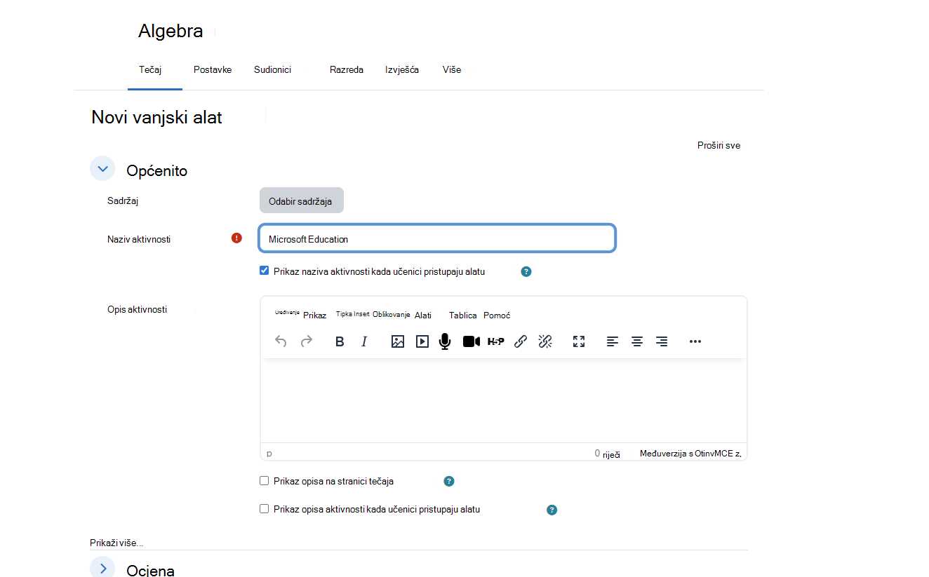 Moodle New External Tool dialog